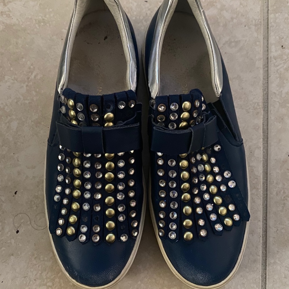 Blue Leather Studded slip on sneakers